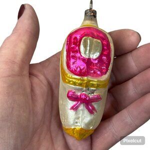 Vintage Hand-Blown Glass Antique Mercury Shoe Christmas Ornament Pink Gold White